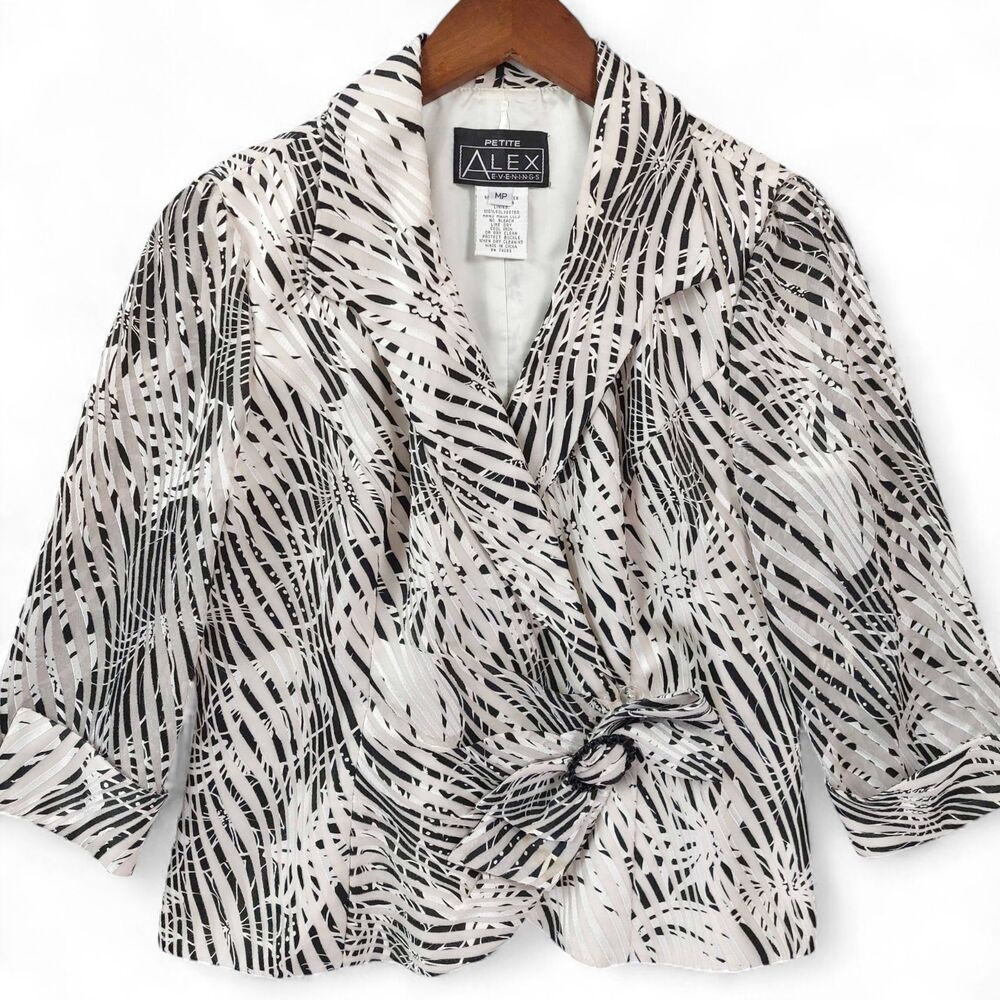 Alex Evenings Jacket Womens Petite Medium Black Cream 3/4 Sleeve Tie Front Lined